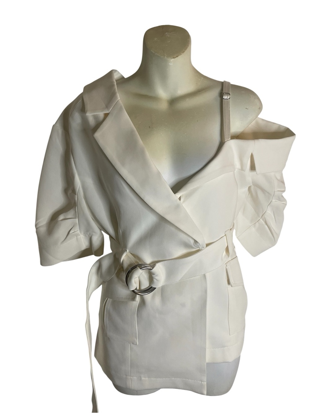 cinq a sept Katie Off-Shoulder Asymmetric utility jacket belted size 8 old money